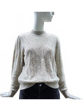 Lacy Open Knit Relaxed Sweater. Oatmeal coloured Victorian Detail Neck Med